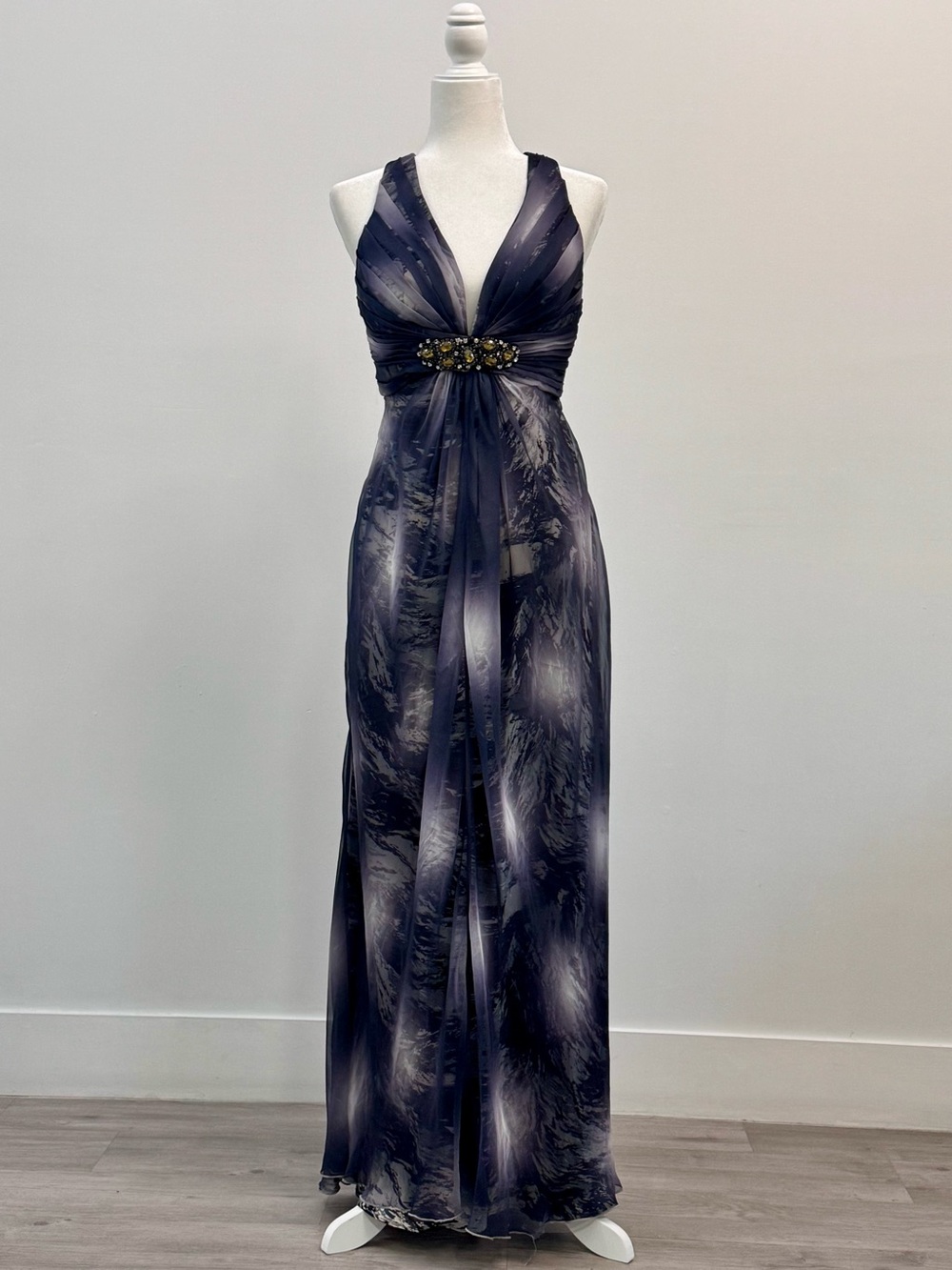 Vintage Caché Y2K Chiffon Maxi Gown Jewel Accent Dye Print Sz 6